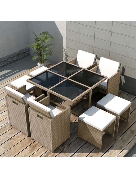 Set mobilier de exterior cu perne, 9 piese, bej, poliratan