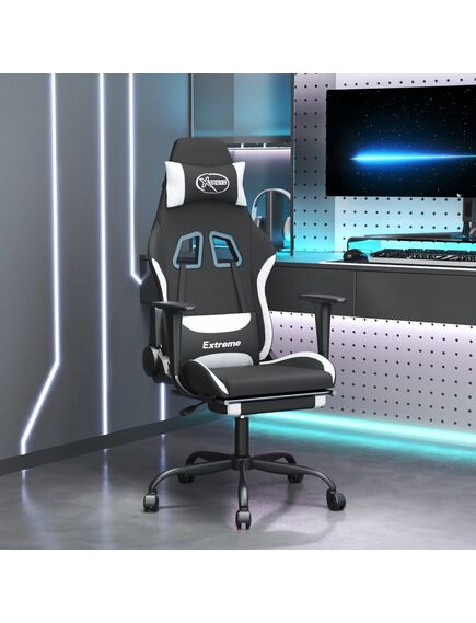 Scaun de gaming cu masaj/suport picioare, negru și alb, textil