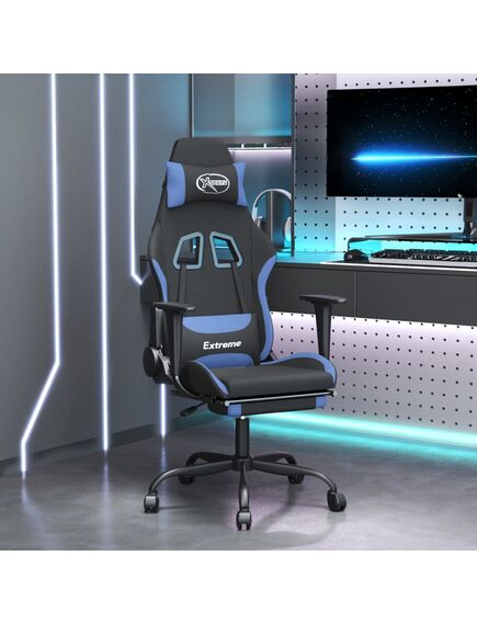 Scaun de gaming cu suport picioare, negru și albastru, textil