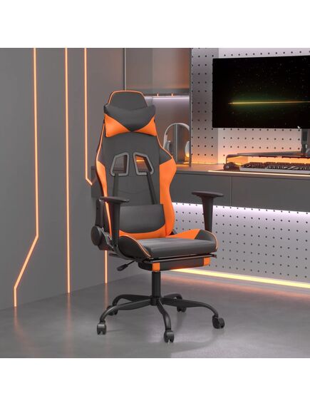 Scaun de gaming cu suport picioare, negru/oranj, piele eco