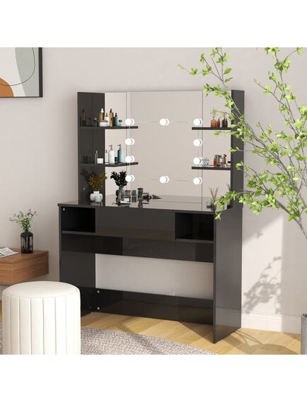 Masă de machiaj cu lumini led, negru lucios, 100x40x135 cm, mdf