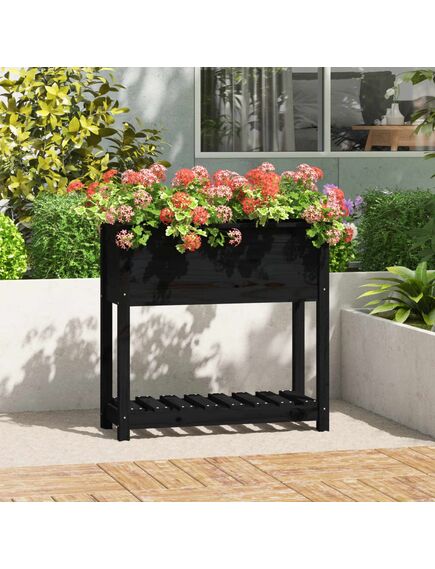 Jardinieră cu raft, negru, 82,5x34,5x81 cm, lemn masiv de pin