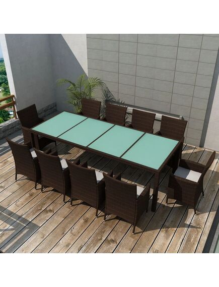 Set mobilier de exterior cu perne, 11 piese, maro, poliratan