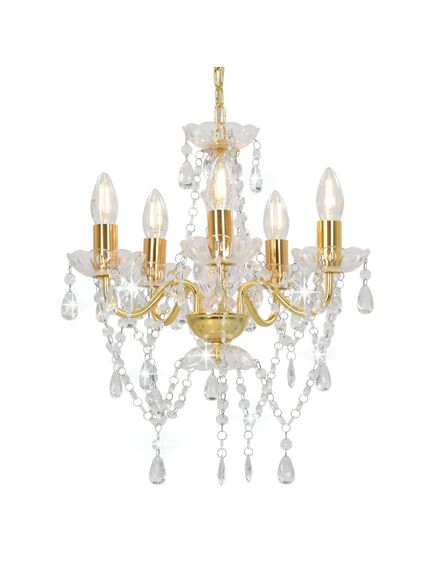 Candelabru cu mărgele de cristal, auriu, rotund, 5 x e14