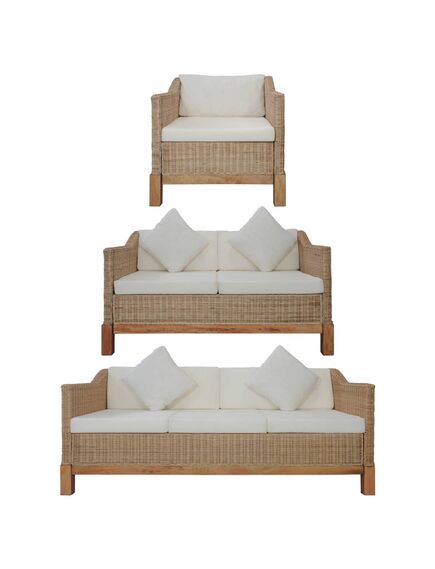 Set de canapele cu perne, 3 piese, culoare naturală, ratan