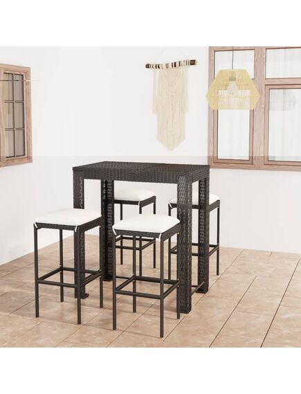 Set mobilier bar de grădină cu perne, 5 piese, negru, poliratan