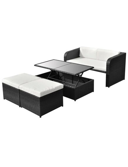 Set mobilier de grădină cu perne, 4 piese, negru, poliratan