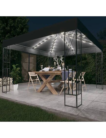 Pavilion cu șir de lumini led, antracit, 3x3 m, țesătură