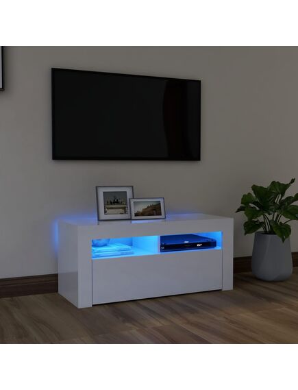 Comodă tv cu lumini led, alb extralucios, 90x35x40 cm