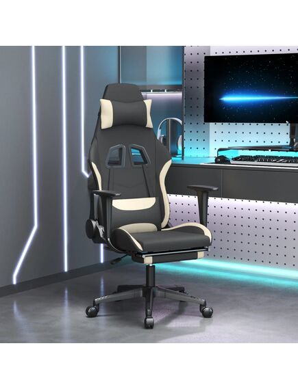 Scaun de gaming cu suport picioare, negru și crem, textil