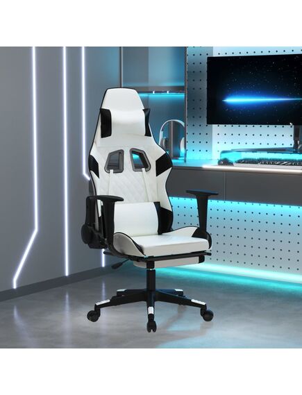 Scaun de gaming masaj/suport picioare alb/negru piele eco