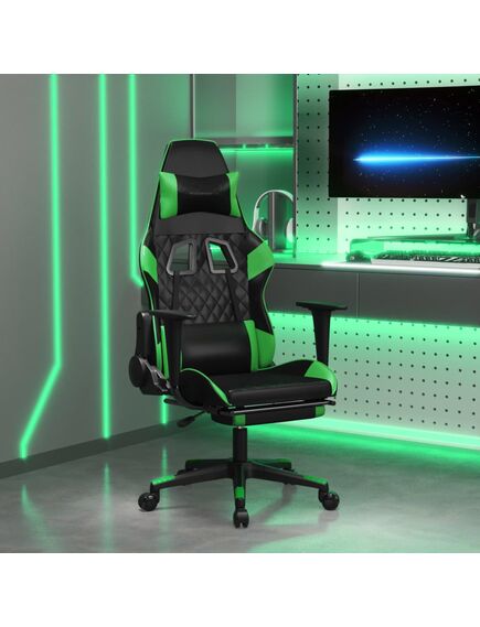 Scaun gaming de masaj/suport picioare, negru/verde, piele eco