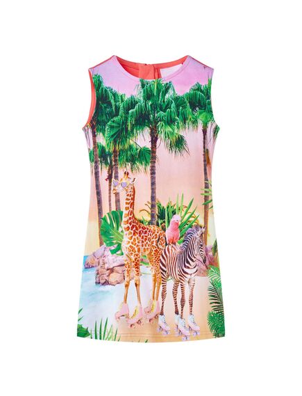 Rochie pentru copii, imprimeu peisaj tropical și animale, corai, 140