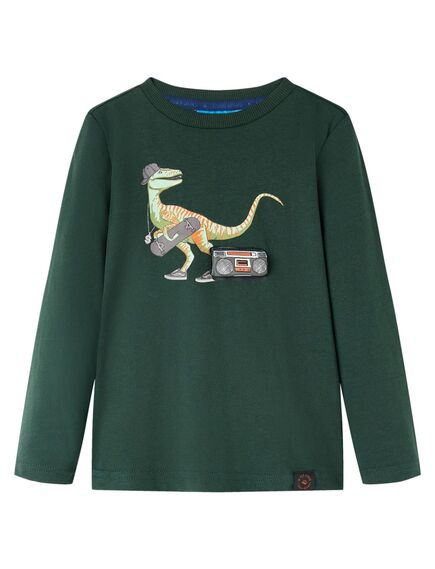 Tricou pentru copii cu mâneci lungi imprimeu dinozaur verde închis 116