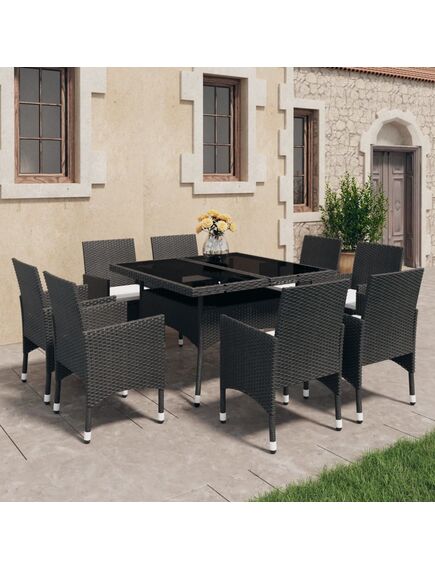 Set mobilier grădină, 9 piese, negru, poliratan, lemn acacia