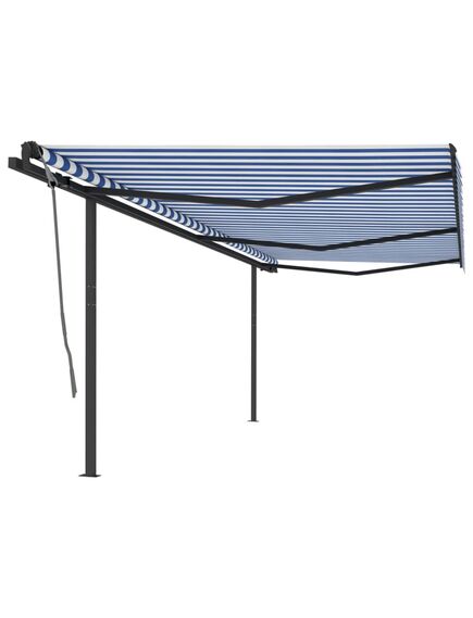 Copertină retractabilă automat, cu stâlpi, albastru&alb, 6x3 m