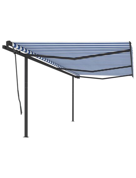 Copertină retractabilă automat cu stâlpi, albastru&alb, 6x3,5 m