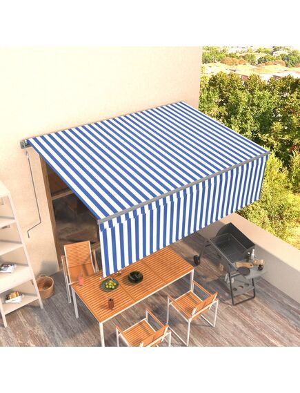 Copertină retractabilă automat cu stor, albastru&alb, 4,5x3 m