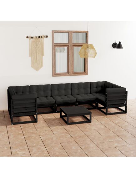 Set mobilier grădină cu perne, 8 piese, negru, lemn masiv pin