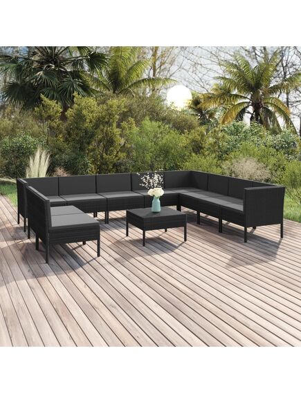 Set mobilier de grădină cu perne, 11 piese, negru, poliratan