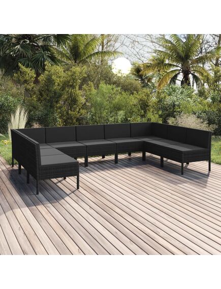 Set mobilier de grădină cu perne, 9 piese, negru, poliratan