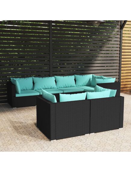 Set mobilier de grădină cu perne, 7 piese, negru, poliratan