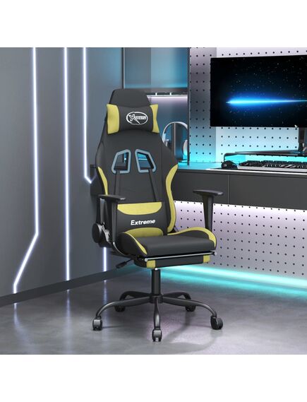 Scaun gaming masaj/suport picioare, negru/verde deschis textil