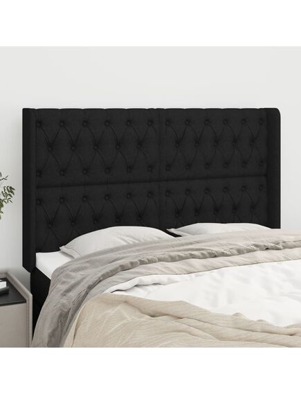 Tăblie de pat cu aripioare, negru, 163x16x118/128 cm, textil