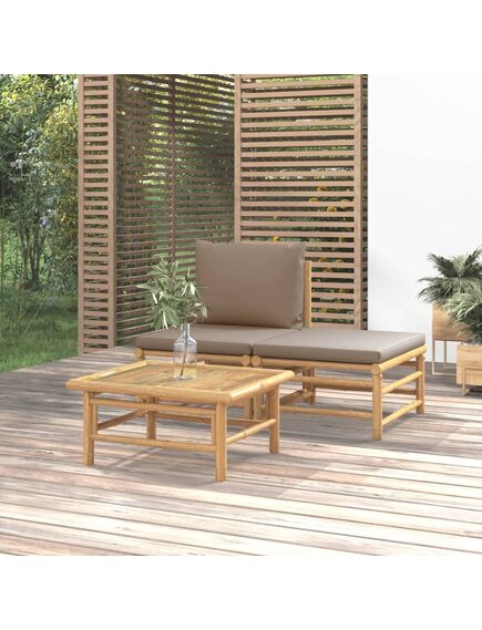 Set mobilier de grădină cu perne gri taupe, 3 piese, bambus