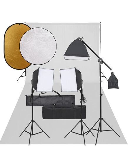 Set studio foto cu set de lumini, fundal și reflector