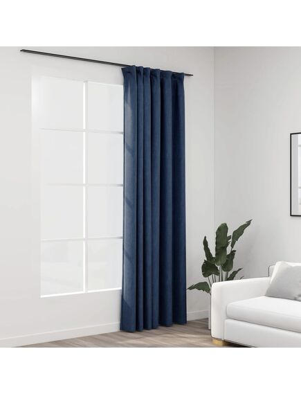 Draperie opacă, aspect de in, albastru, 290x245 cm, cu cârlige