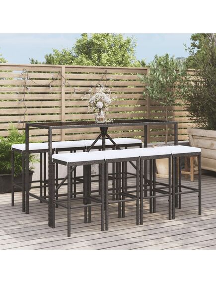 Set mobilier bar de grădină cu perne, 9 piese, negru, poliratan