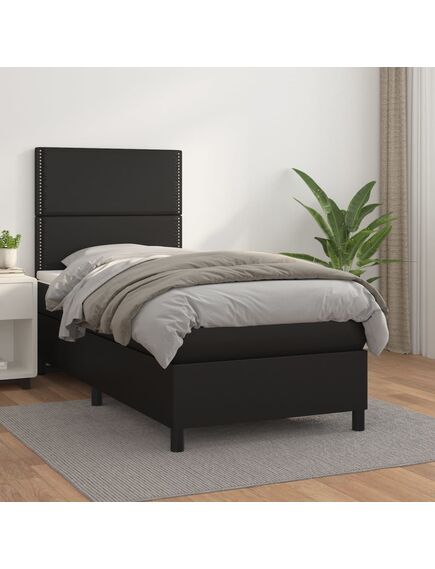 Pat box spring cu saltea, negru, 80x200 cm, piele ecologică