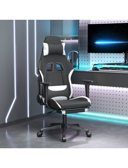 Scaun de gaming cu suport picioare, negru și alb, textil