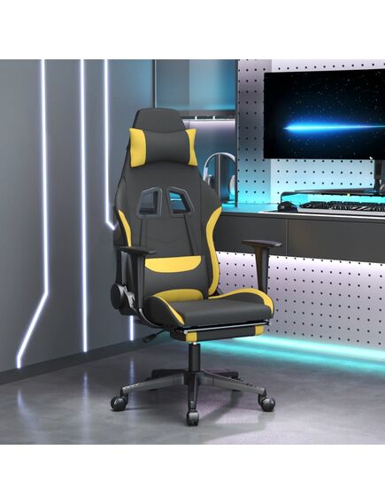 Scaun de gaming cu suport picioare, negru și galben, textil