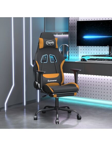 Scaun de gaming cu suport picioare, negru și oranj, textil