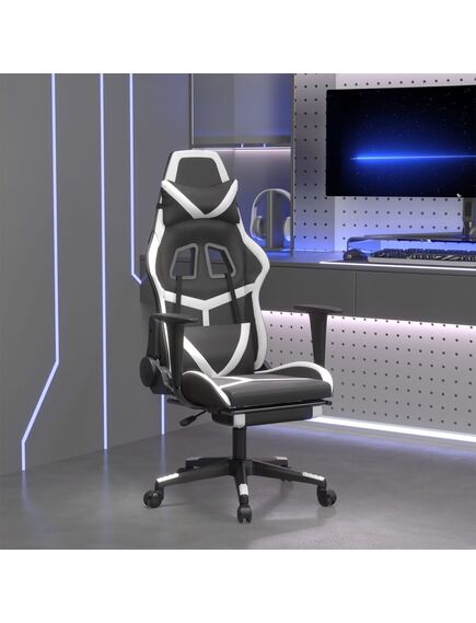 Scaun de gaming cu suport picioare, negru/alb, piele ecologică