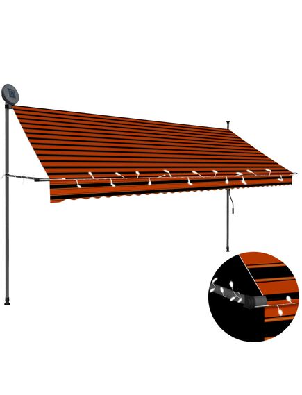 Copertină retractabilă manual cu led, portocaliu & maro, 350 cm