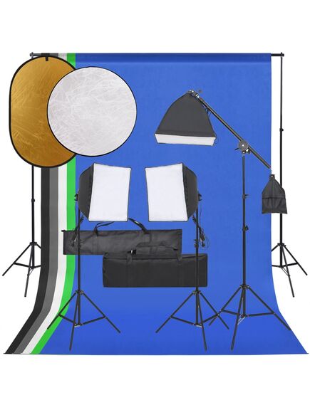 Set studio foto cu set de lumini, fundal și reflector