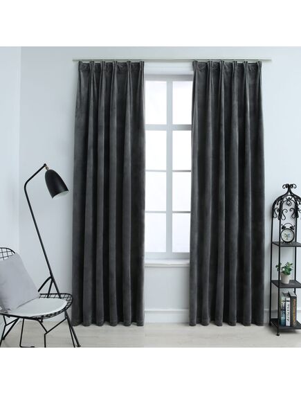 Draperii opace cu cârlige, 2 buc, antracit, 140x225 cm catifea