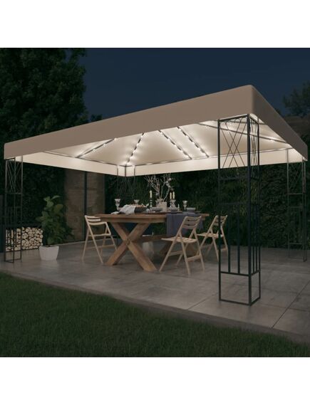 Pavilion cu șir de lumini led, crem, 3x4 m, țesătură