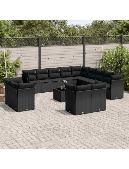 Set mobilier de grădină cu perne, 14 piese, negru, poliratan