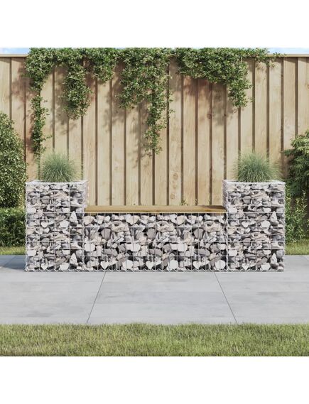 Bancă de grădină cu gabion, 183x41x60,5 cm, lemn pin impregnat