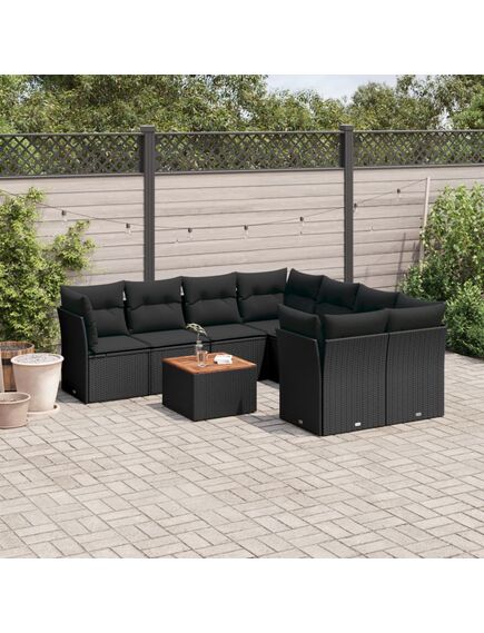 Set mobilier de grădină cu perne, 9 piese, negru, poliratan