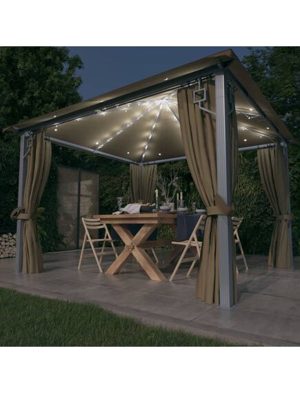 Pavilion cu perdele&șiruri lumini led gri taupe 3x3 m aluminiu