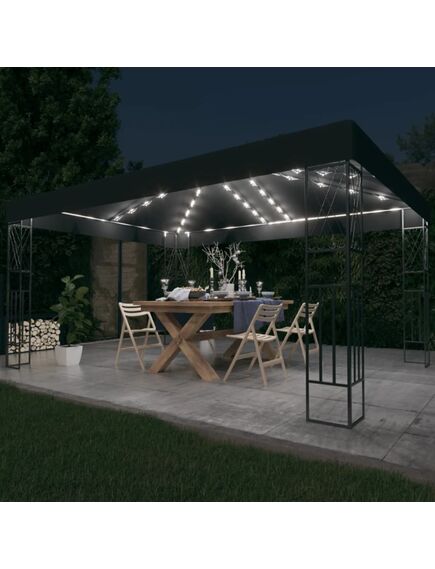 Pavilion cu șir de lumini led, antracit, 3x4 m, țesătură