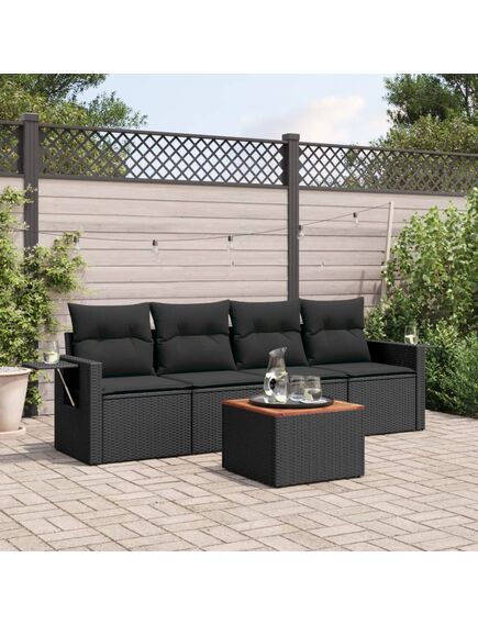 Set mobilier de grădină cu perne, 5 piese, negru, poliratan