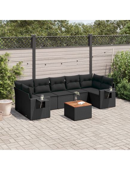 Set mobilier de grădină cu perne, 8 piese, negru, poliratan