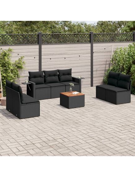 Set mobilier de grădină cu perne, 8 piese, negru, poliratan