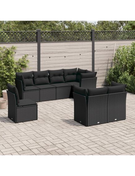 Set mobilier de grădină cu perne, 8 piese, negru, poliratan